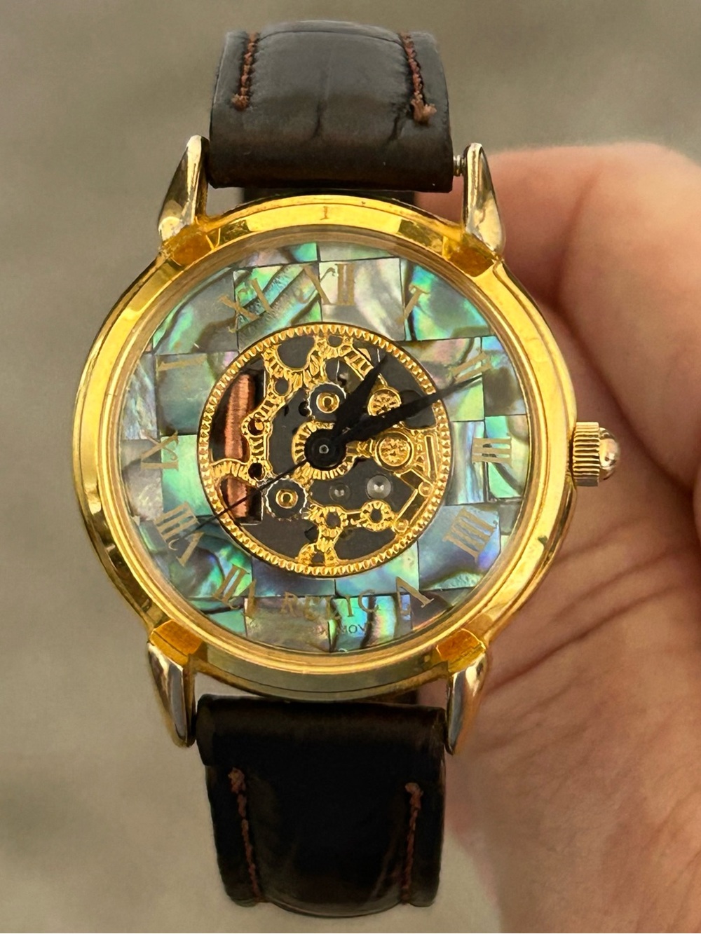 RELIC ZR76041 LADIES GOLD MOTHER OF PEARL SKELETON WATCH LEATHER BAND NEW BATTER